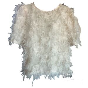 English Factory Women’s Crochet Ribbon Crew Neck Short Sleeve Cream Top Large